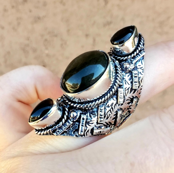 New Huge Obsidian 925 Silver Statement Ring. - Picture 4 of 16